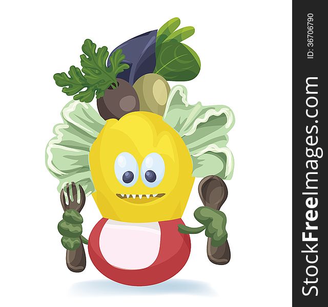Design of character of a cute cartoon salads monster. Design of character of a cute cartoon salads monster