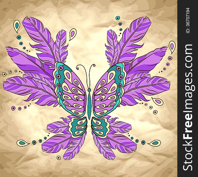 Background with pink butterfly and feather. Background with pink butterfly and feather