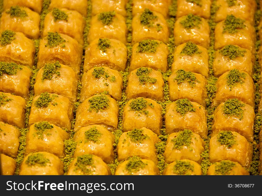 Traditional dessert baklava - flaky pastry with pistachio nuts and honey. Traditional dessert baklava - flaky pastry with pistachio nuts and honey
