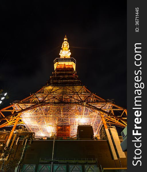 Tokyo Tower at night, worm eye view