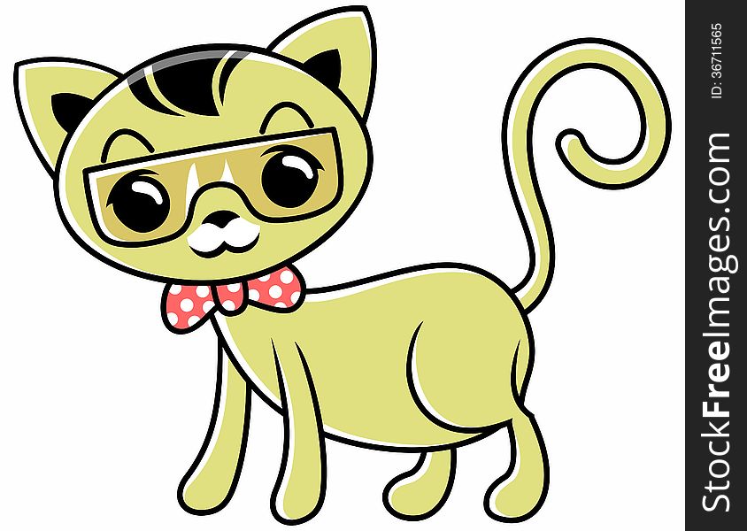 Vector cartoon pussycat wearing glasses and tie. Vector cartoon pussycat wearing glasses and tie