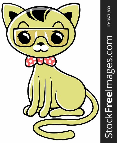 Vector cartoon pussycat wearing glasses and tie. Vector cartoon pussycat wearing glasses and tie