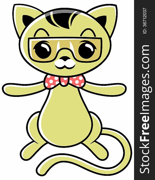 Vector cartoon pussycat wearing glasses and tie. Vector cartoon pussycat wearing glasses and tie