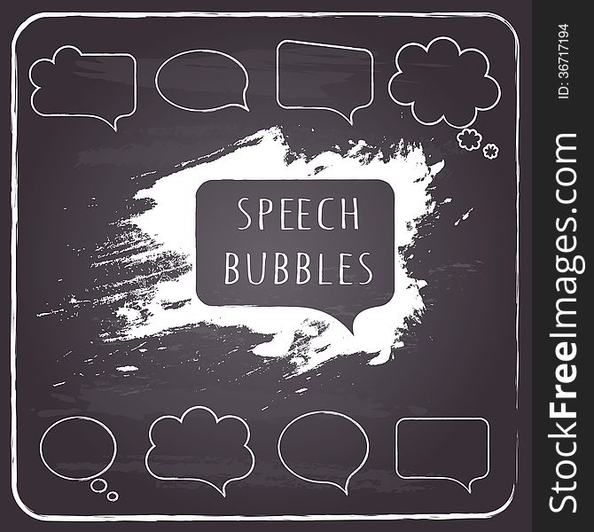 Set of hand-drawn speech and thought bubbles on chalkboard background. Vector illustration.