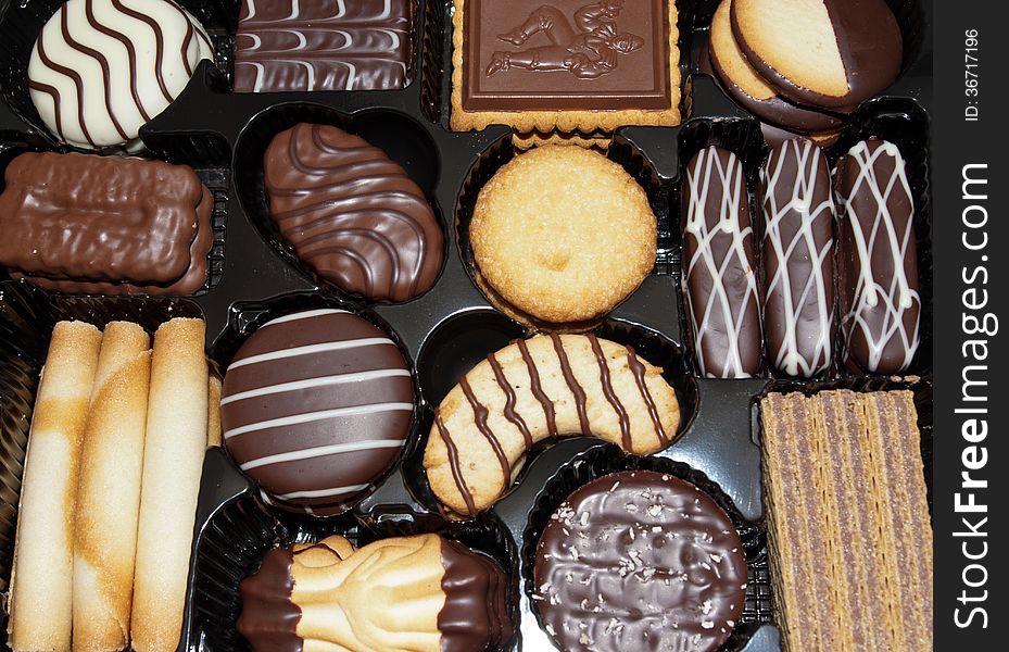 Full frame image of various chocolate coated biscuits in a tin. Full frame image of various chocolate coated biscuits in a tin