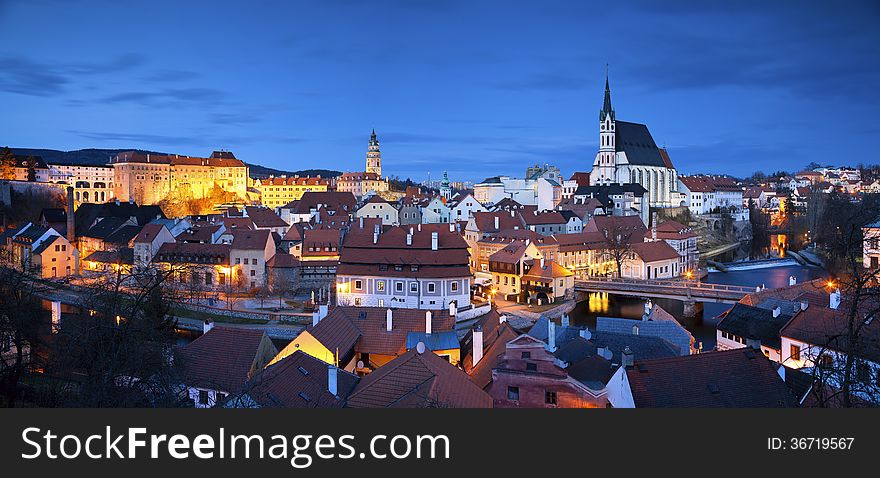 Panoramic image of Cesky Krumlov, located in southern Czech Republic at twilight. Panoramic image of Cesky Krumlov, located in southern Czech Republic at twilight.