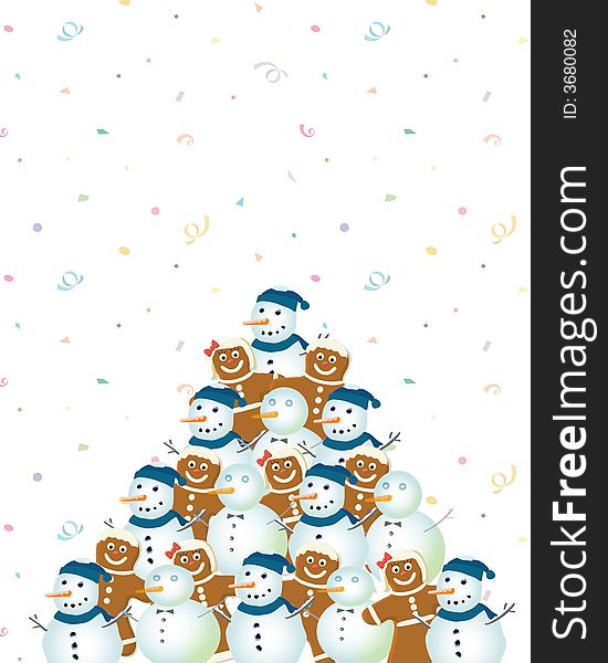 Snowmen and gingerbread in shape Christmas tree celebrate the snow confetti falling on them. Snowmen and gingerbread in shape Christmas tree celebrate the snow confetti falling on them.