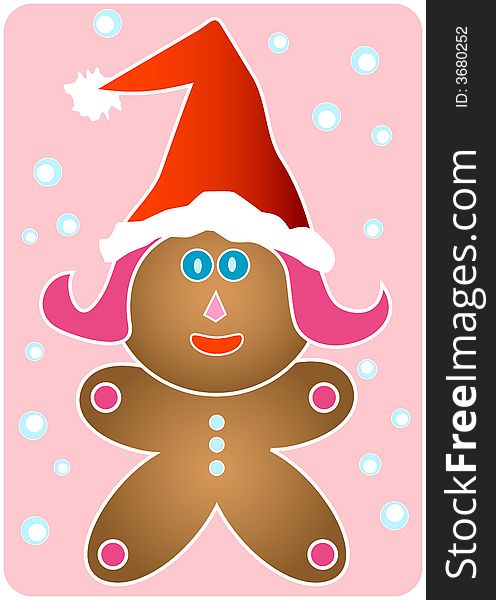 A cute gingerbread girl with red Santaâ€™s hat. Snow falling in the background. A cute gingerbread girl with red Santaâ€™s hat. Snow falling in the background.
