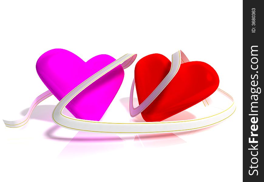 3d the image of two hearts with a beautiful tape