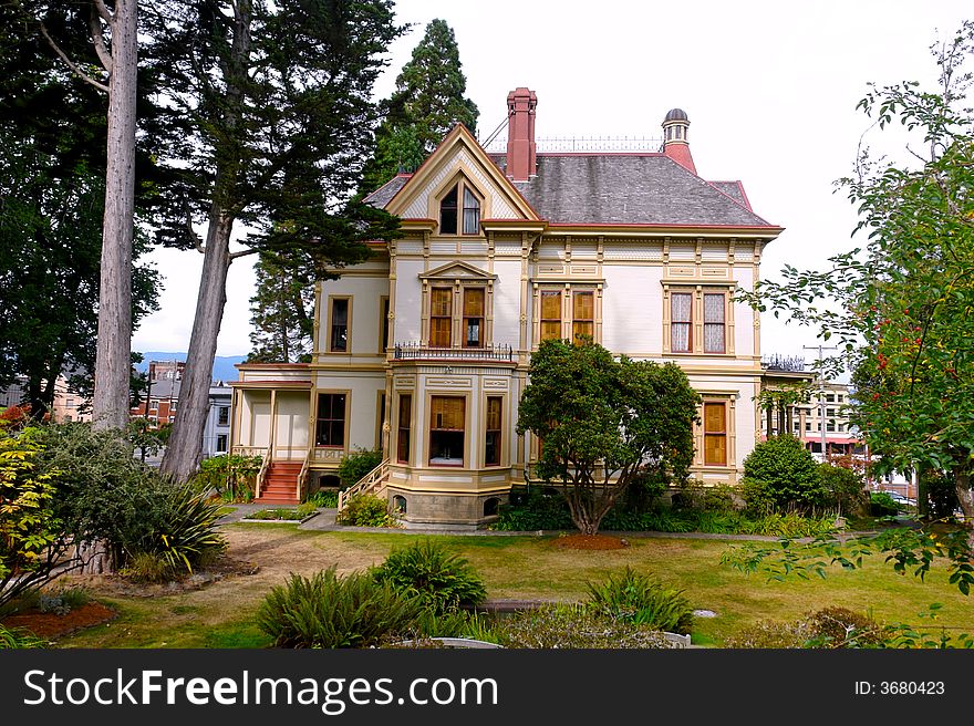 Detail of old victorian painted lady on the coast of oregon