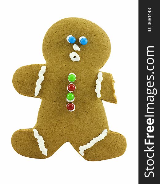 Gingerbread man missing and arm, isolated on white