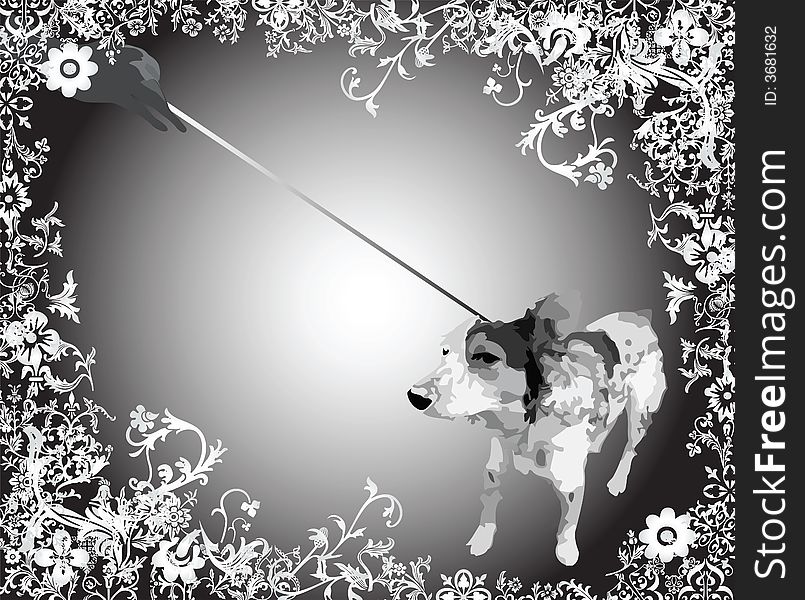 Illustrated dog with leash between flowers