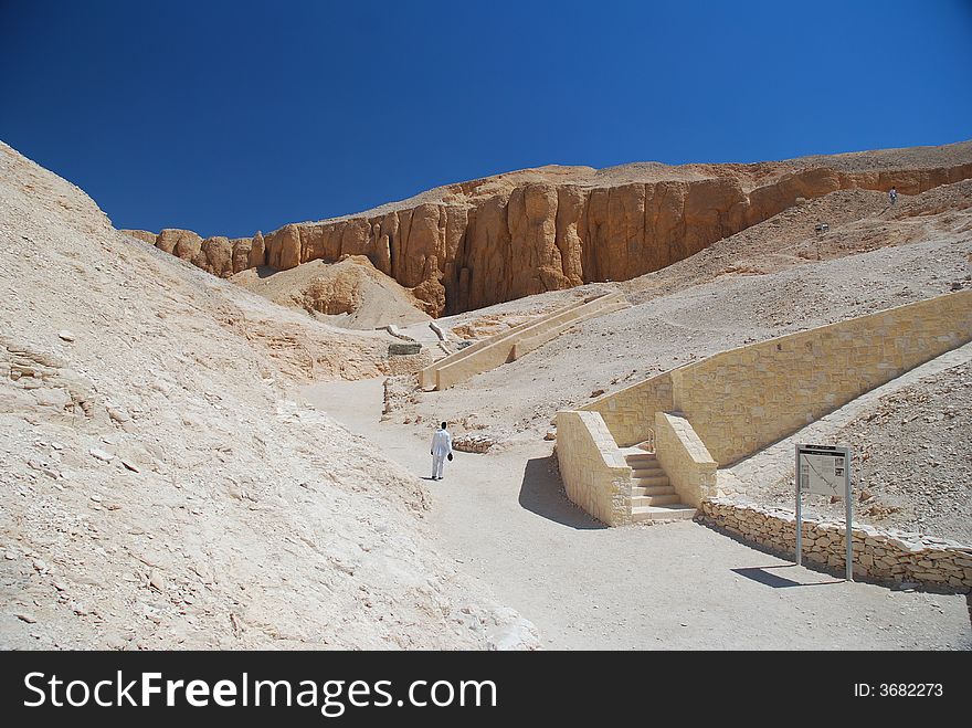 At the tomb entrances to the Valley of the Kings in Egypt. Here nearly 70 tombs were found.