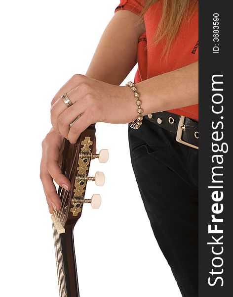 Keep hands of big guitar, part of the body in the picture,bracelet at hand, black jeans, the belt. Keep hands of big guitar, part of the body in the picture,bracelet at hand, black jeans, the belt