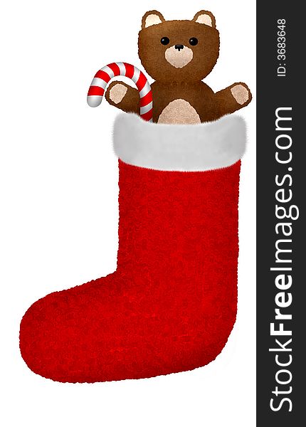 A teddy bear and candy cane in a stocking