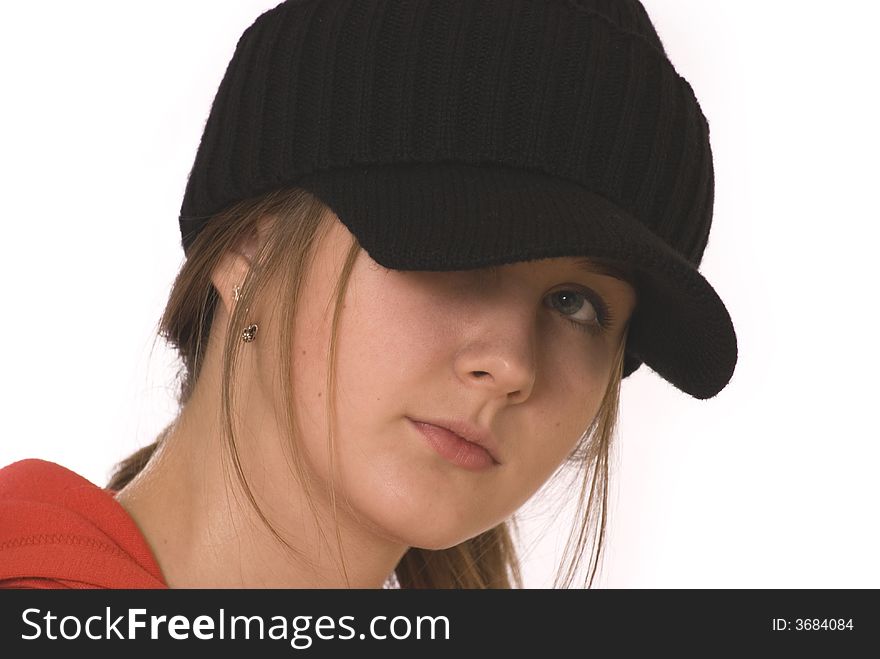 Teenage girl in the black knitted cap, large-person portrait. Teenage girl in the black knitted cap, large-person portrait