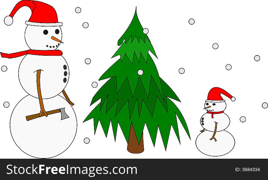 Snow-Family Cutting Tree Illustration