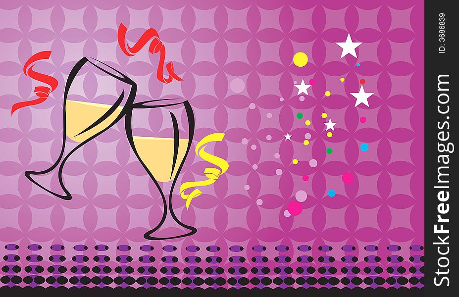 Illustration of two wine glasses with ribbon and stars