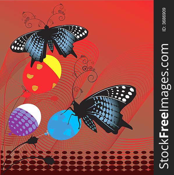 Illustration of butterflies with balloons in colourful background