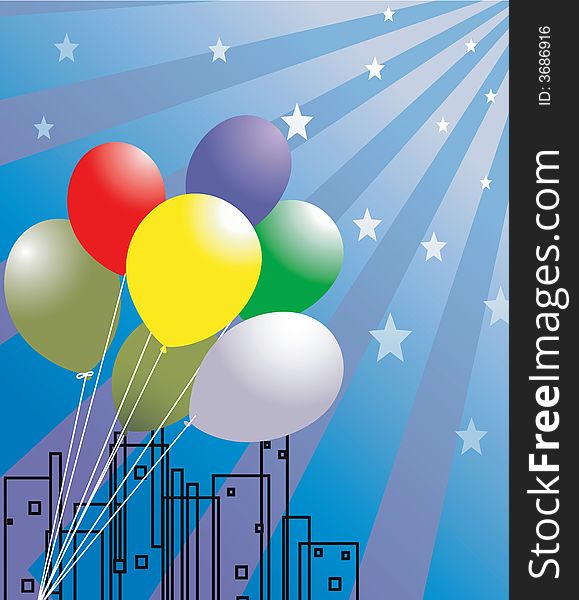 Illustration of balloons and stars near structure