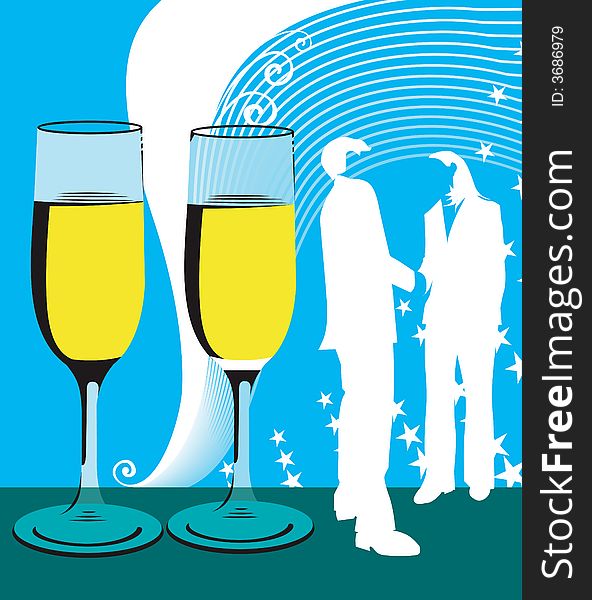 Illustration of silhouette of man and women near wine glasses.