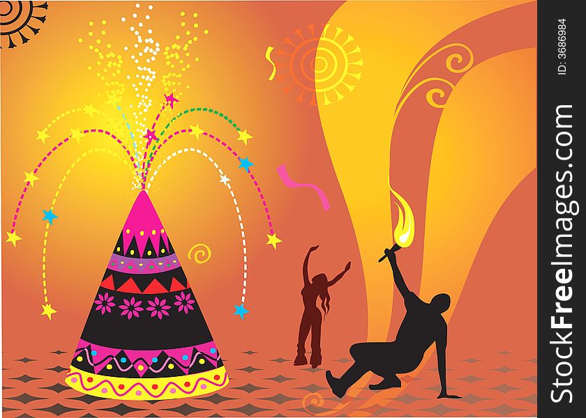 Illustration of firecracker with silhouette of dancing people