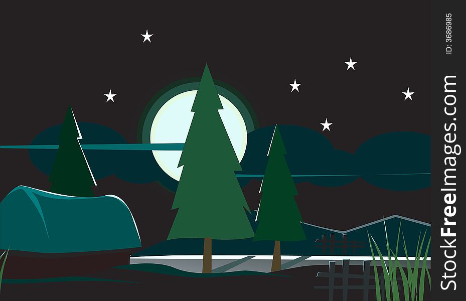 Illustration of Fir trees with stars and moon