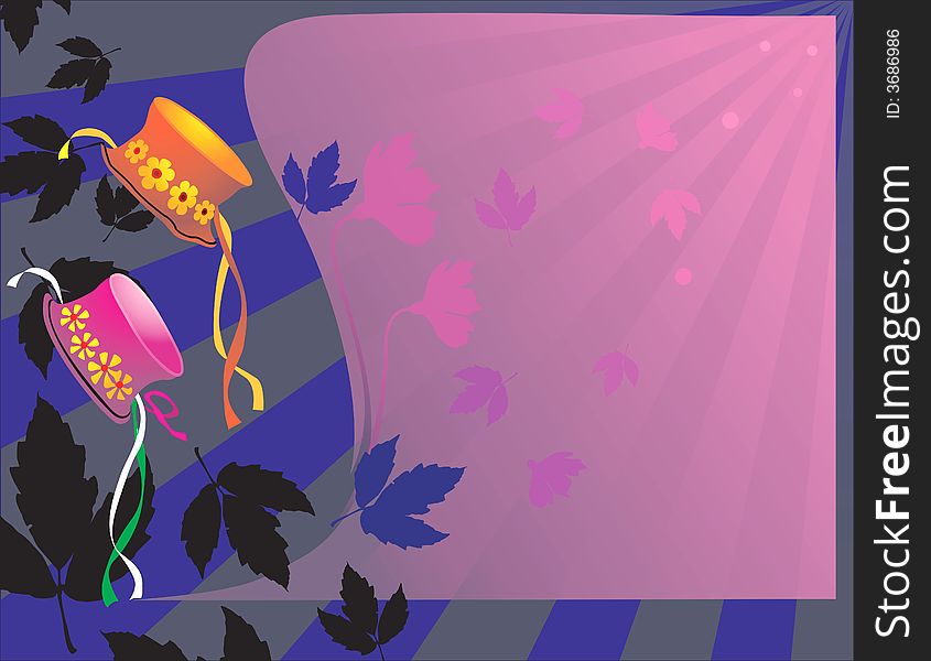 Illustration of decoration with ribbon hats and leaves in radiant pink light