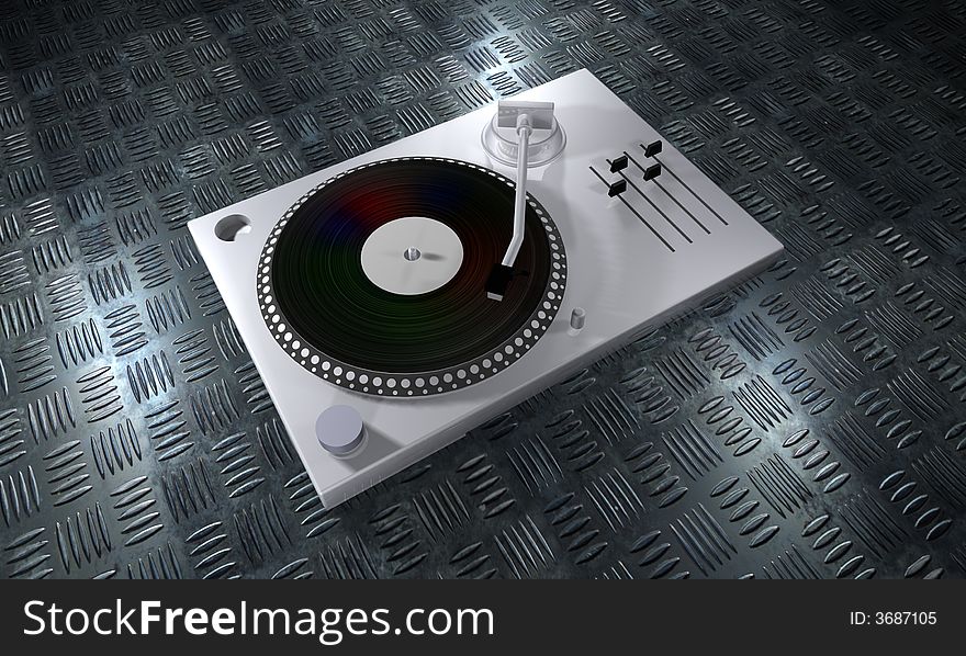 A 3D rendered image of a DJ turntable on metal plate. A 3D rendered image of a DJ turntable on metal plate