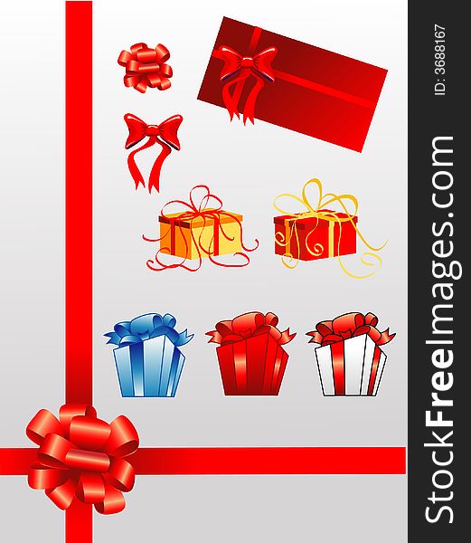 Bows, giftboxes, ribbons, vector illustration