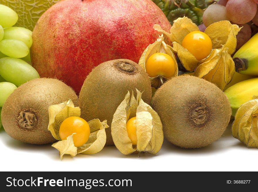 Fresh exotic fruits on white background