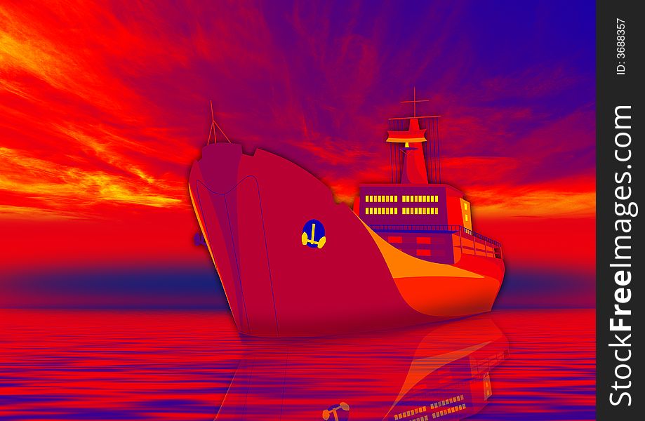 Ship in red sea with sunset background