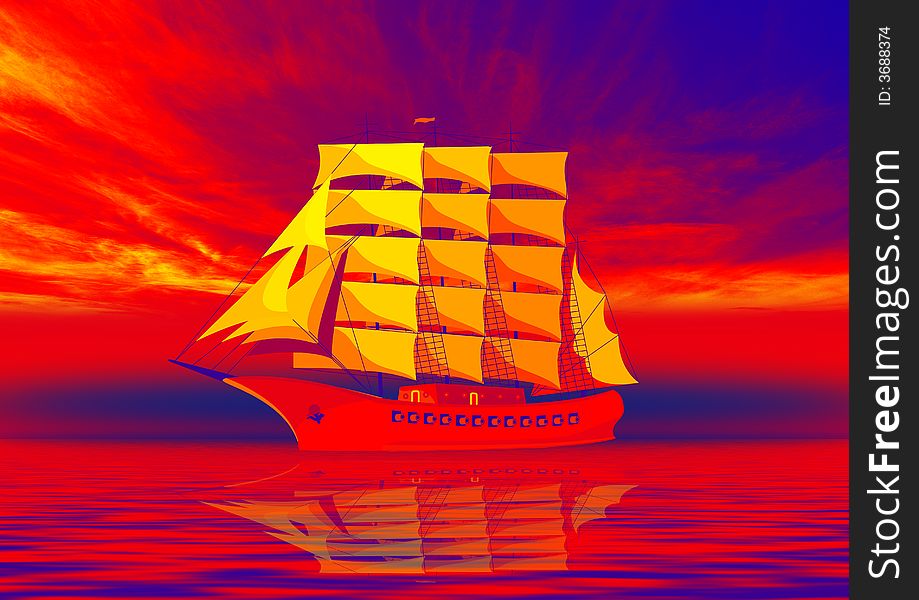 Ship in red sea with sunset background for poster. Ship in red sea with sunset background for poster