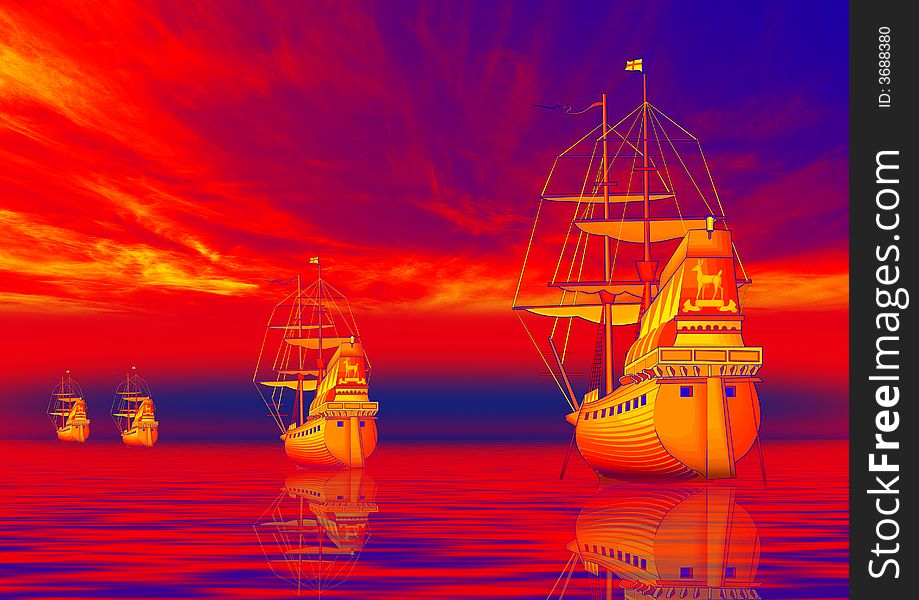 Ships in red sea with sunset background. Ships in red sea with sunset background