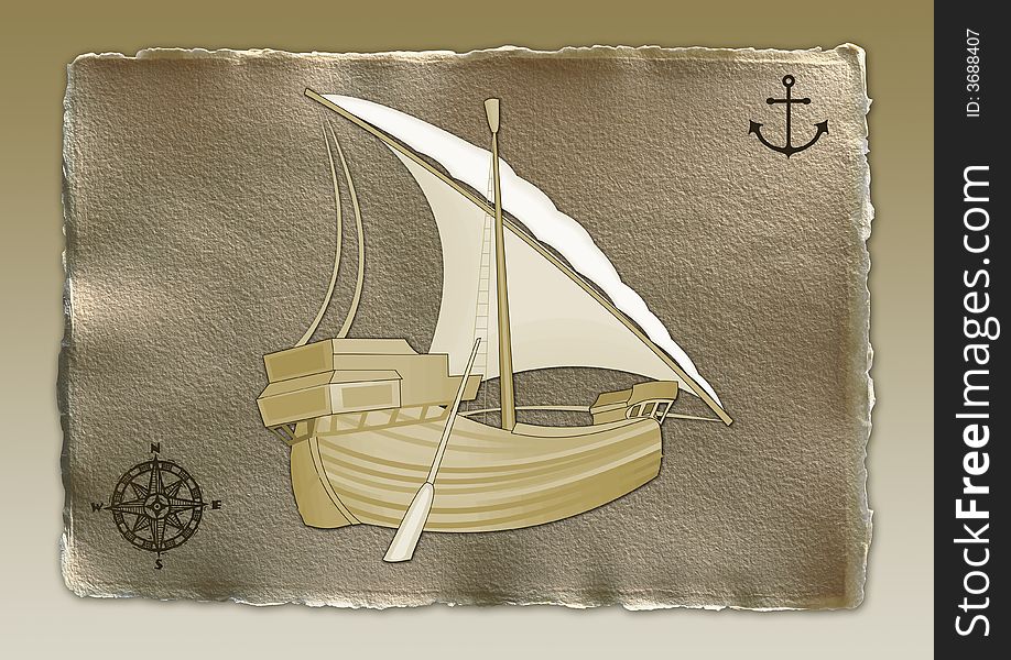 Antique paper background with compass and ship. Antique paper background with compass and ship