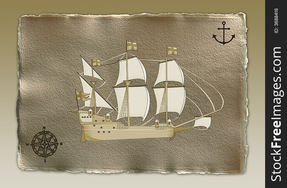 Old paper background with compass and ship. Old paper background with compass and ship