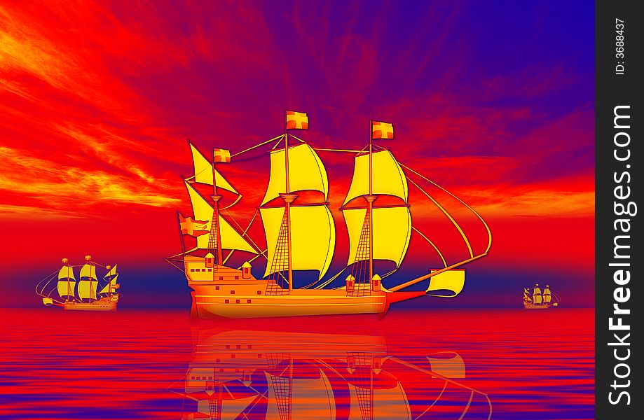 Red sea with ship in sunset background