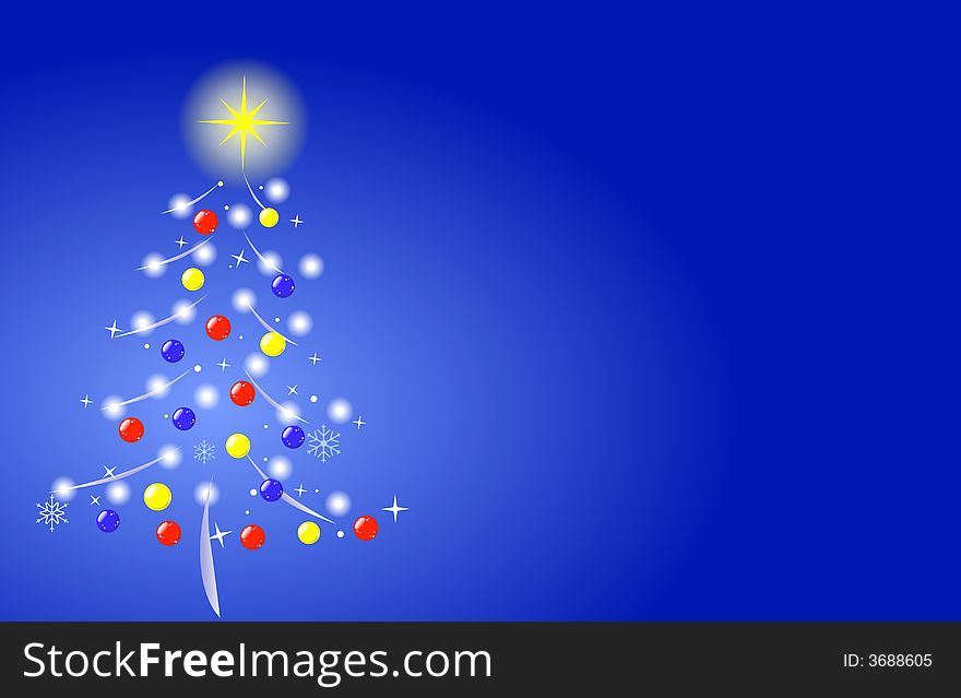 Decorated Christmas tree on blue background, with copy space on the right. Decorated Christmas tree on blue background, with copy space on the right