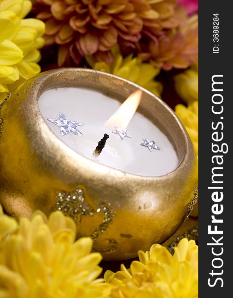 Golden Candle With Flowers