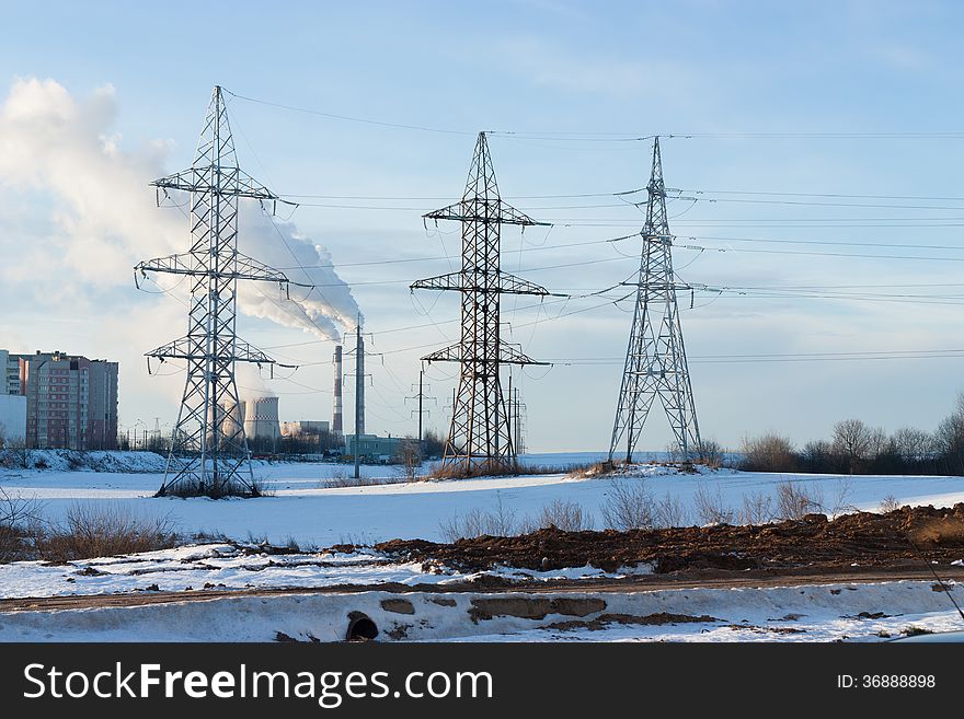 Electricity pylons and wires in winter