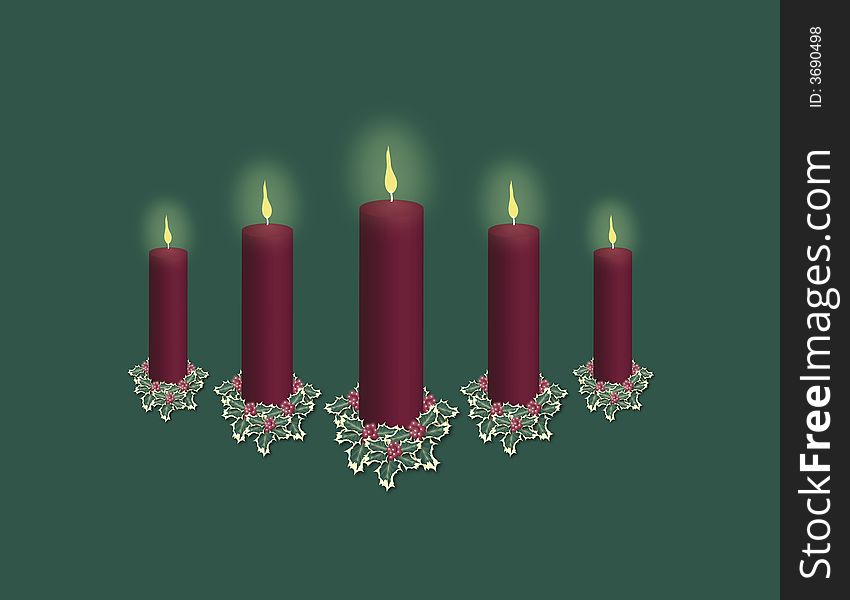 Red pillar christmas candle display on green, room for text above and below. Red pillar christmas candle display on green, room for text above and below