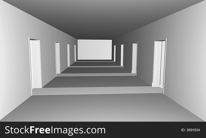 Long gray corridor with doors