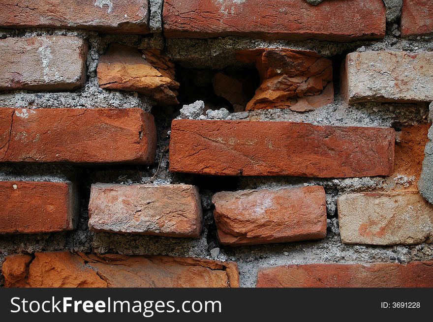 Red bricks in an old wall. Red bricks in an old wall