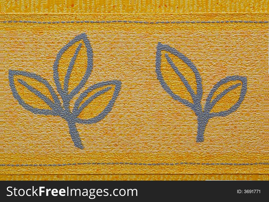 Yellow wallpaper with blue schematic leaves. Yellow wallpaper with blue schematic leaves