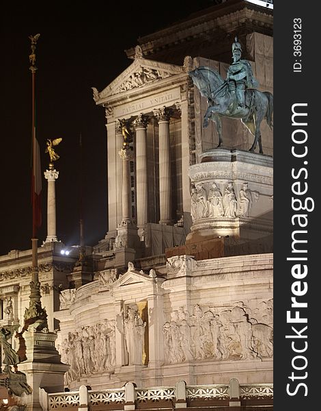 Temple at the top of Altar of the Fatherland with Bronze Statue - War Memorial - National Monument (Piazza Venezia - Venice Square - in Rome - Italy) / Night. Temple at the top of Altar of the Fatherland with Bronze Statue - War Memorial - National Monument (Piazza Venezia - Venice Square - in Rome - Italy) / Night