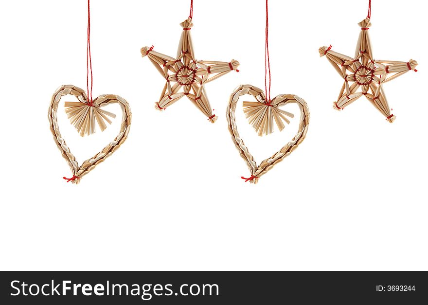Christmas decorations, hearts and stars, isolated on white. Christmas decorations, hearts and stars, isolated on white