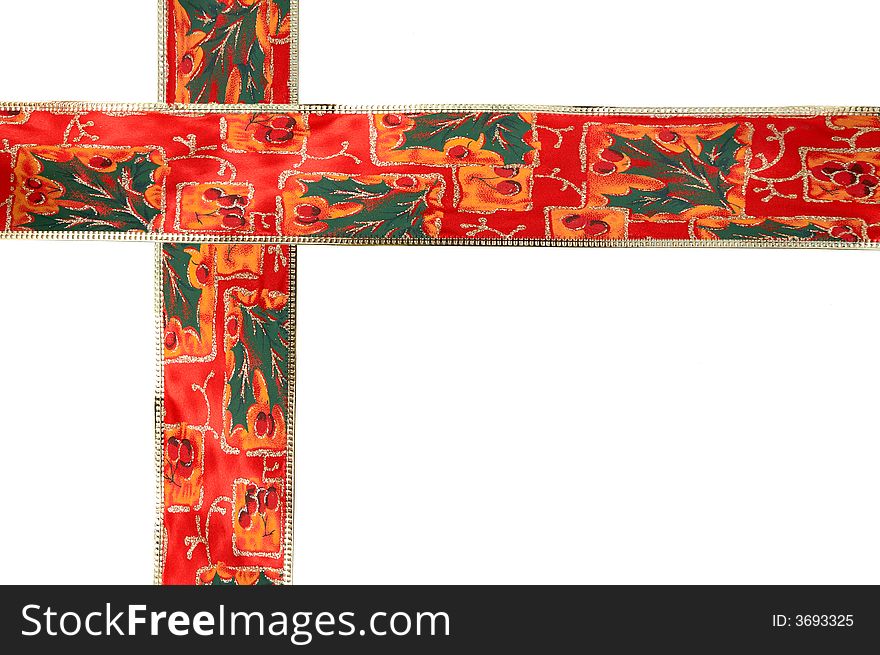 Two crossed red christmas ribbons isolated on white. Two crossed red christmas ribbons isolated on white