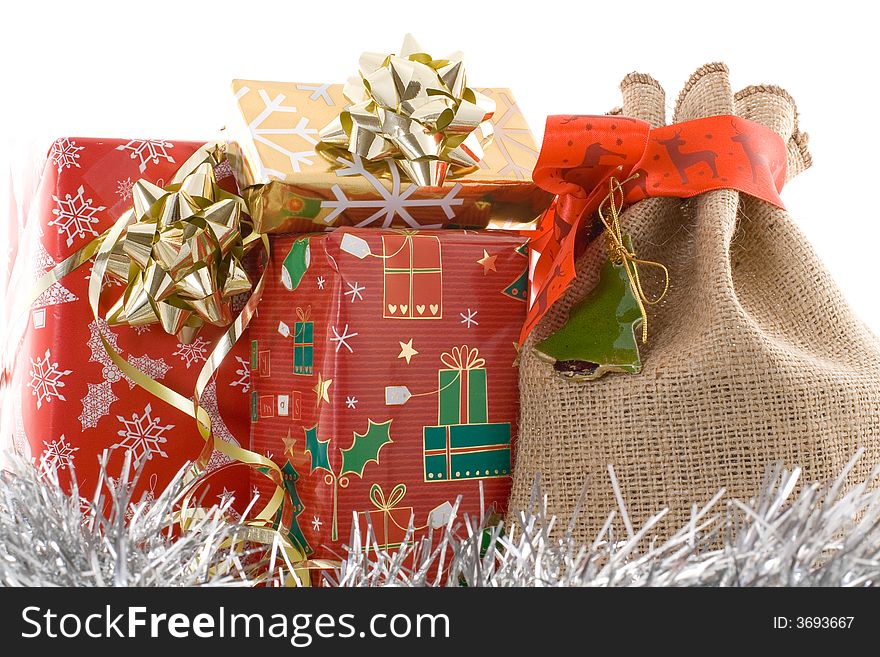 Red christmas box with jute bag and christmas ribbon. Red christmas box with jute bag and christmas ribbon