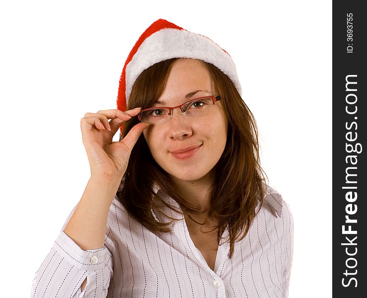 Young cheerful girl with santa hat. Young cheerful girl with santa hat