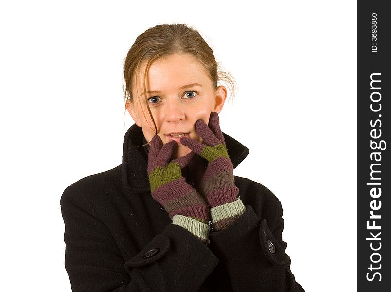 Woman with gloves and winter clothes, cold, winter, portrait